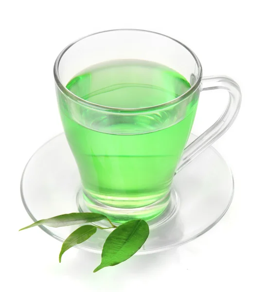 Taza transparente de té verde, aislada en blanco — Foto de Stock