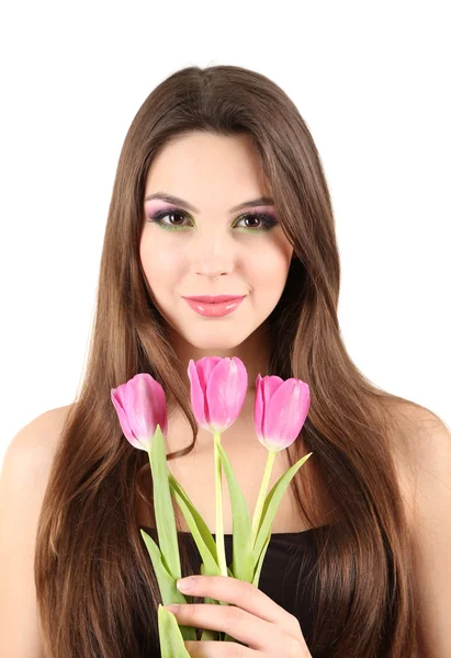 Joven chica hermosa con tulipanes en la mano, aislado en blanco — Foto de Stock