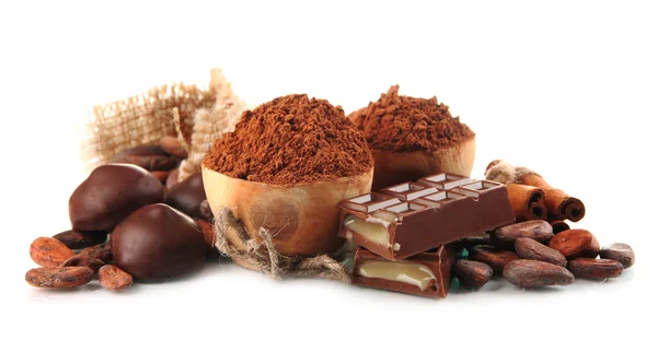 Состав шоколадных конфет, какао и специй, изолированных на белом — стоковое фото