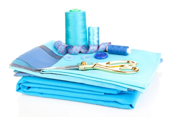 Sewing accessories and fabric isolated on white — Stock Photo, Image