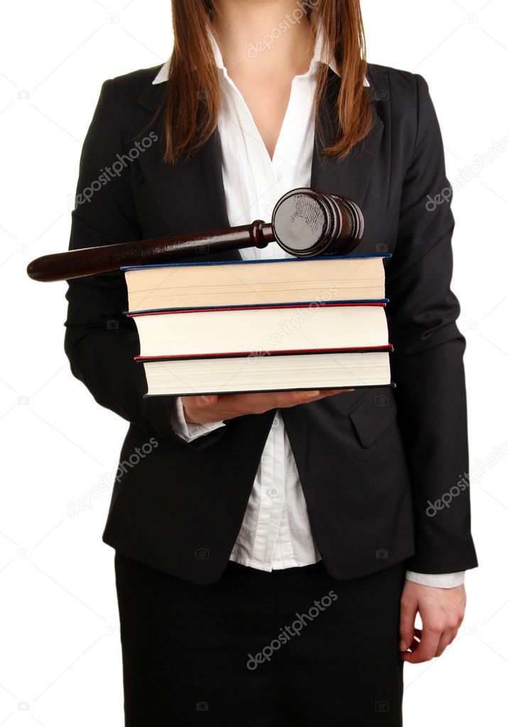 Woman holding wooden gavel and law books isolated on white