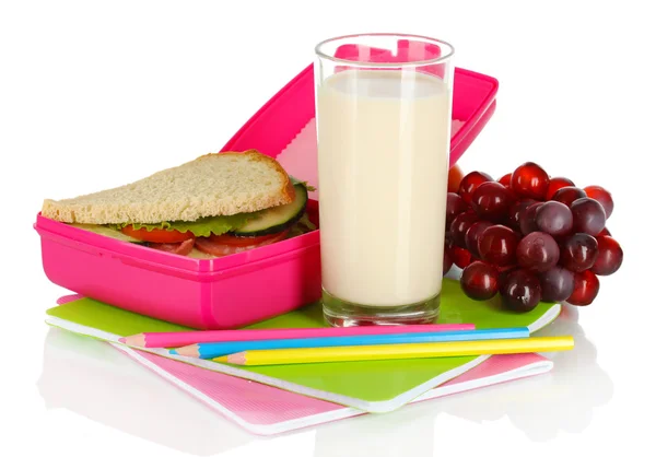 Lunchbox mit Sandwich, Milch, Trauben und Papeterie isoliert auf weiß — Stockfoto