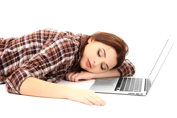 Beautiful young woman with laptop isolated on white — Stock Photo, Image