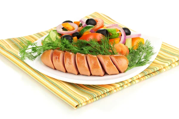 Grilled sausage with fresh salad isolated on white — Stock Photo, Image