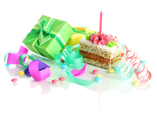 Colorful birthday cake with candle and gifts isolated on white — Stock Photo, Image