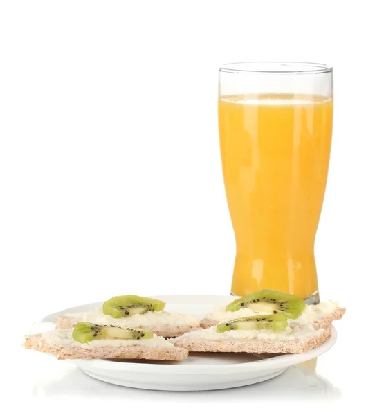 Canapes with cheese and kiwi, on color plate, isolated on white — Stock Photo, Image