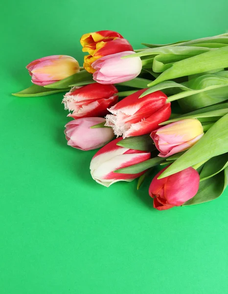 Krásné tulipány v kbelíku na zeleném pozadí — Stock fotografie