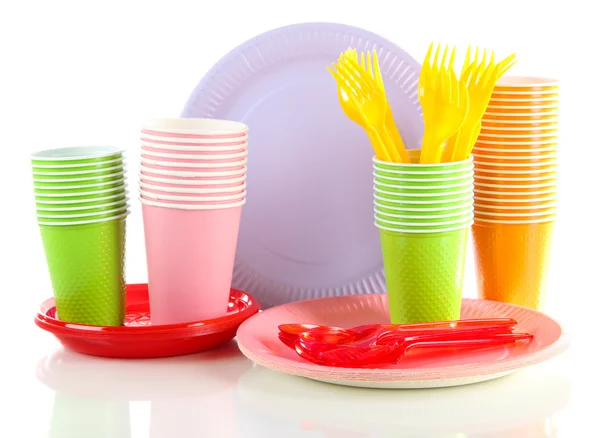 Multicolored plastic tableware isolated on white — Stock Photo, Image