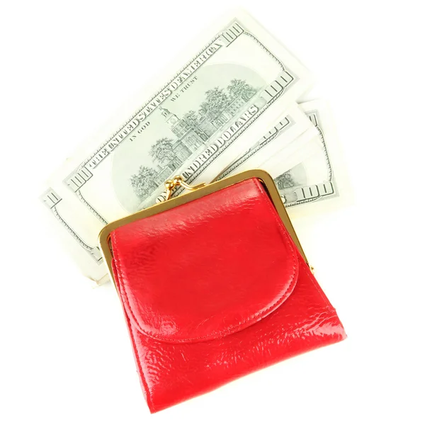 Purse with hundred dollar banknotes, isolated on white — Stock Photo, Image