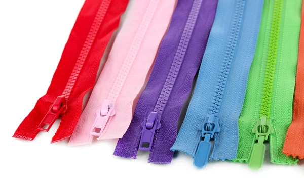 Multicolored zippers isolated on white — Stock Photo, Image