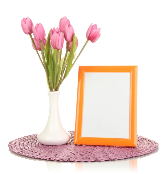 Colorful photo frame and flowers isolated on white — Stock Photo, Image