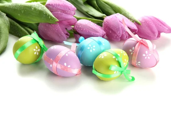 Bright easter eggs and tulips, isolated on white Stock Image