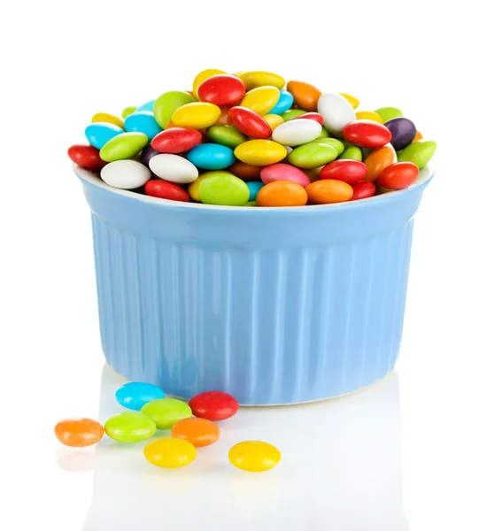 Colorful candies in bowl isolated on white — Stock Photo, Image