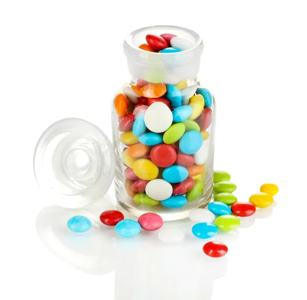 Colorful candies in glass jar isolated on white — Stock Photo, Image