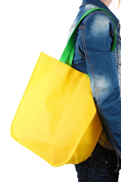 Žlutá taška s zelené úchyty na rameni izolovaných na Svatodušní — Stock fotografie