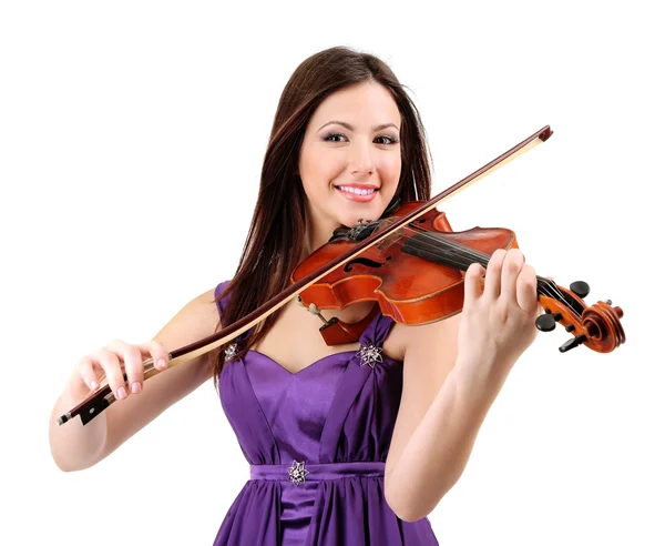 Bella ragazza con violino, isolata su bianco — Foto Stock