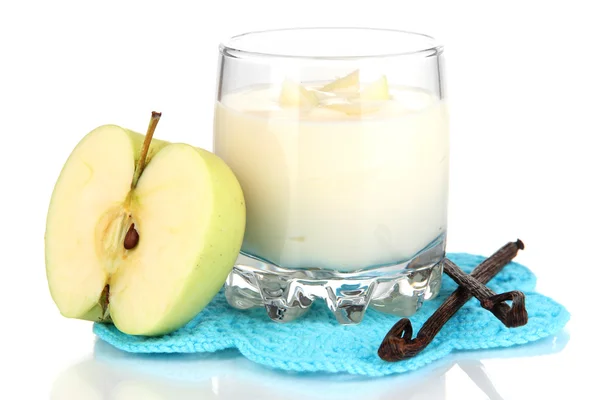 Delicious yogurt in glass with apple isolated on white — Stock fotografie