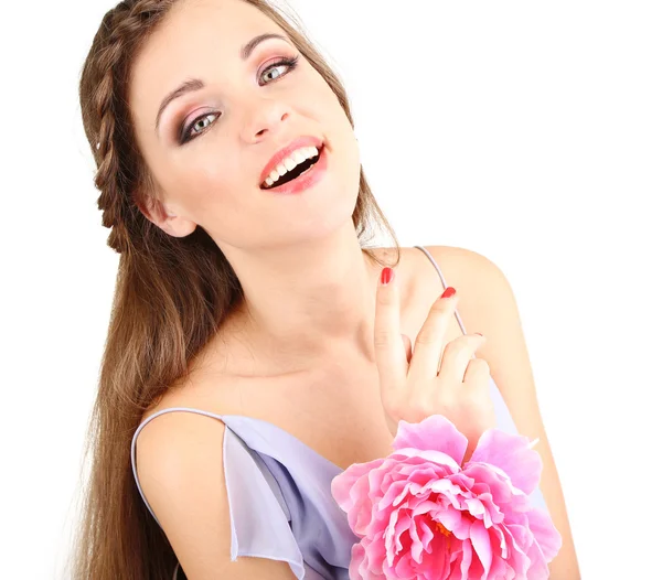 Jeune femme avec belle coiffure et fleur, isolée sur blanc — Photo