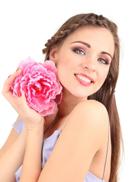 Güzel saç modeli ve çiçek, üzerinde beyaz izole olan kadın — Stok fotoğraf