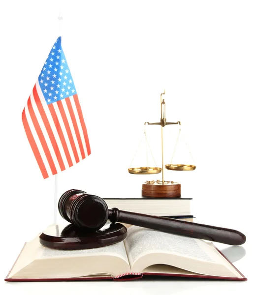 Wooden gavel, golden scales of justice, books and American flag isolated on white — Stock Photo, Image