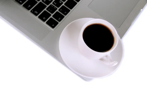 White laptop with cup of coffee close-up isolated on white — Stock Photo, Image
