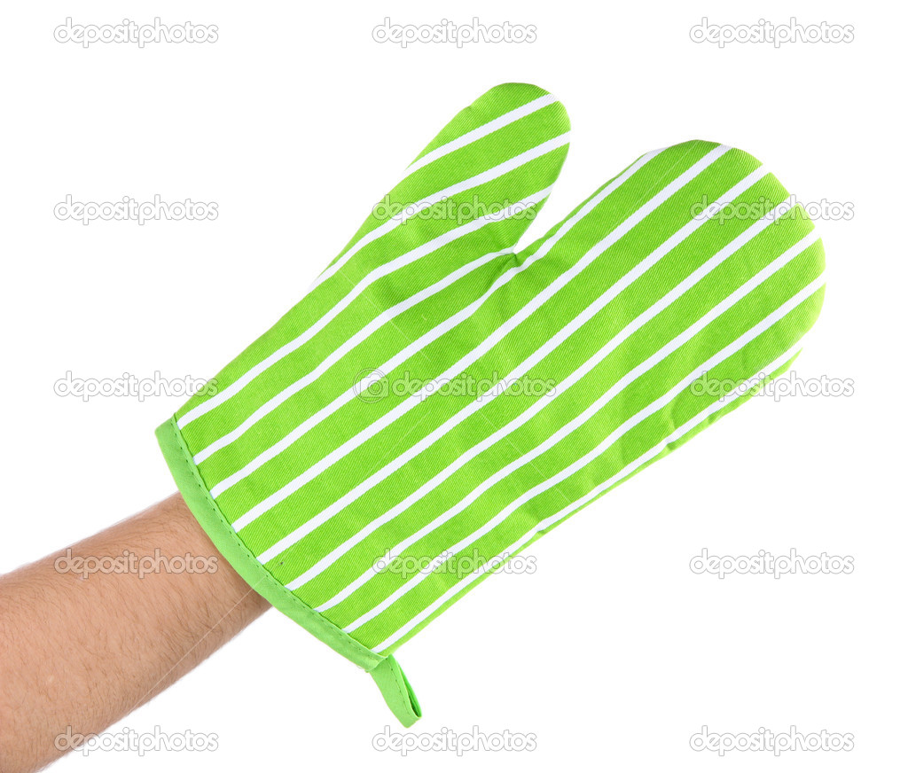 Hand with potholder isolated on white