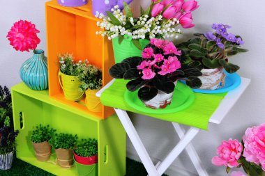 renkli raf ve dekoratif öğeler ve çiçekler ile tablo