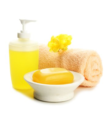 şişe Sabunluk ile üzerine beyaz izole havlu ve sabun