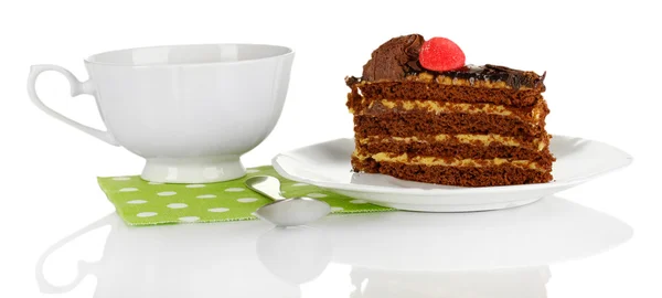 Eine Tasse Tee und leckeren Kuchen isoliert auf weiß — Stockfoto