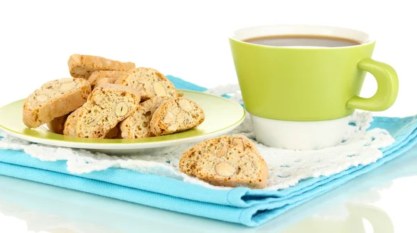 Aromatische cookies cantuccini en kopje koffie op witte geïsoleerd — Stockfoto