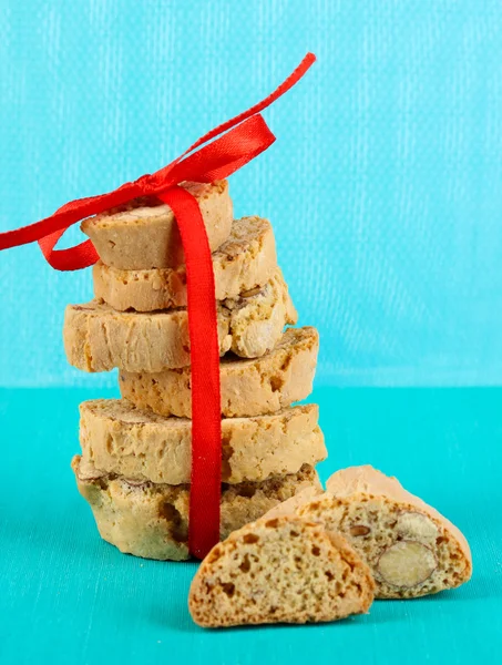 Aromatic cookies cantuccini on blue table — Stock Photo, Image
