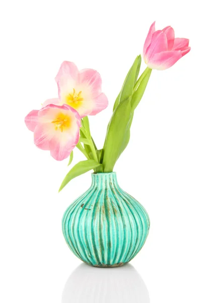 Pink tulips in bright vase, isolated on white — Stock Photo, Image