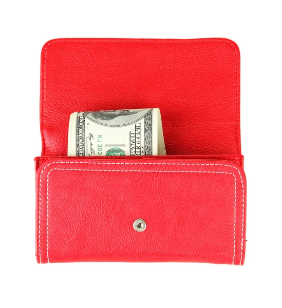 Purse with hundred dollar banknotes, isolated on white — Stock Photo, Image