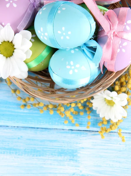 Påskägg i korgen och mimosa blommor, på blå trä bakgrund — Stockfoto