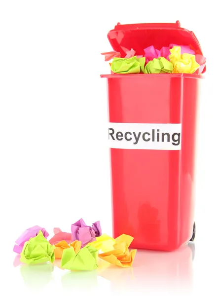 Recycling bin with papers isolated on white — Stock Photo, Image