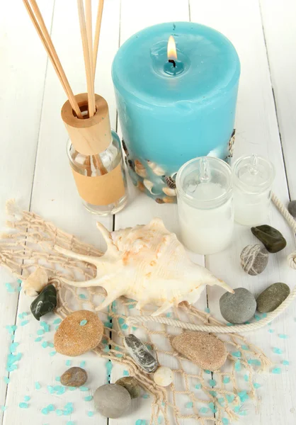 Sea spa composition on wooden table close-up — Stock Photo, Image