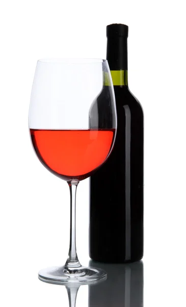 Red wine glass and bottle of wine isolated on white — Stock Photo, Image