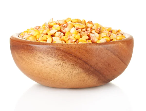 Corn in wooden bowl isolated on white — Stock Photo, Image