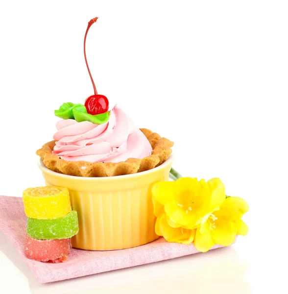 Cake with cherry in bowl for baking isolated on white — Stock Photo, Image