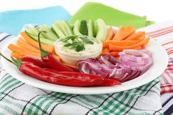 Assorted raw vegetables sticks in plate on napkins close up — Stock Photo, Image