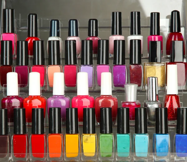 Bright nail polishes on shelf on grey background — Stock Photo, Image
