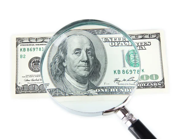 Hundred dollar bill and magnifying glass isolated on white — Stock Photo, Image