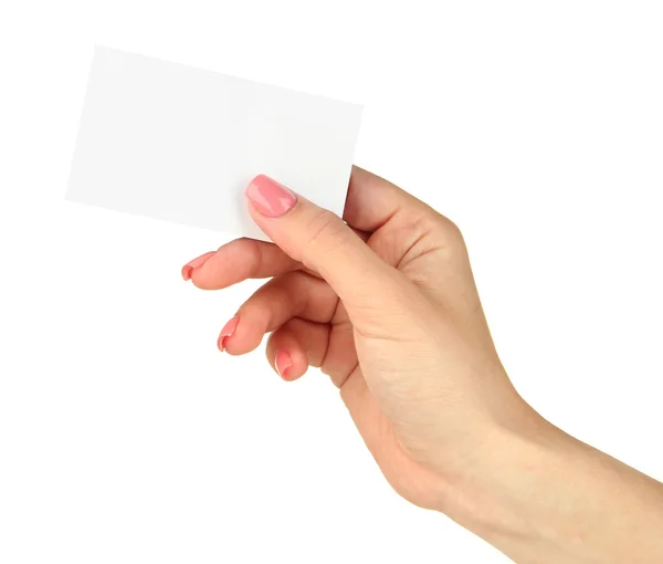 Carte de visite main femme, isolée sur blanc — Photo