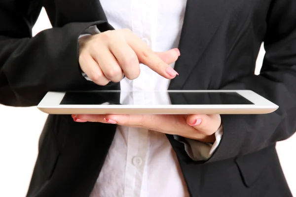 Young businesswoman working on digital tablet,close up, isolated on white — Stock Photo, Image