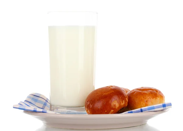 Bread rolls and glass of milk isolated on white — Stock Photo, Image