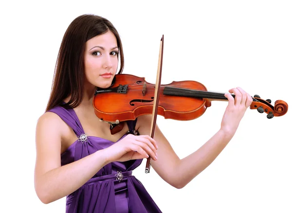 Beautiful young girl with violin, isolated on white — Stock Photo, Image