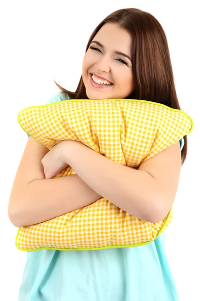 Красивая молодая девушка с подушкой изолированы на Уит — стоковое фото