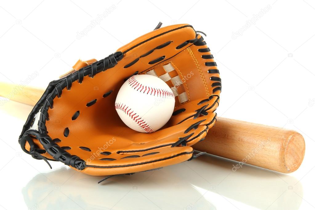 Baseball glove, bat and ball isolated on white