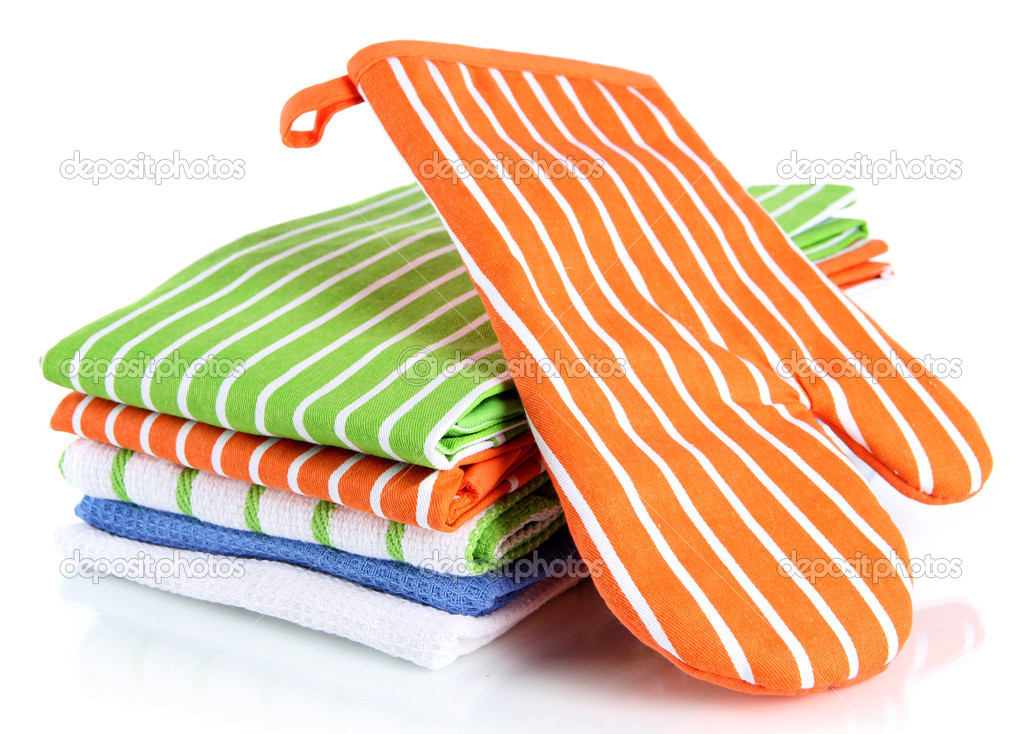 Orange Potholder And Stack Of Kitchen Towels Isolated On White Orange Potholder And Stack Of Kitchen Towels Isolated On White Stock Photo