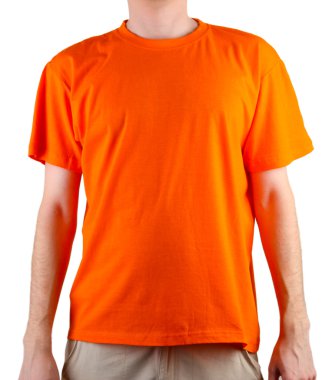 man in orange T-shirt close-up